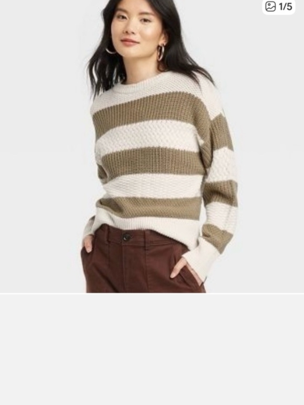 a new day Striped Crewneck Sweater in Cream and Olive